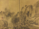 Lone Traveler in Wintry Mountains, Yosa Buson (Japanese, 1716–1783), Two-panel folding screen; ink and gold-leaf on paper, Japan